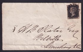 1841年贴世界首枚邮票英国黑便士邮票(PI)实寄封销黑色马尔它邮戳