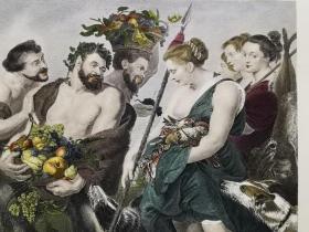 1863年钢版画+手工上色《鲁本斯作品--萨蒂尔调戏仙女satyrn und nymphen》尺寸28*21.4厘米，出自17世纪著名佛兰德斯画家，保罗·鲁本斯（Paul Rubens，1577-1640）绘画作品 ,取材于古希腊神话，萨蒂尔半人半兽的牧神，长有公羊角、腿和尾巴的怪物。他耽于淫欲，性喜欢乐，经常在林间调戏仙女，是个好色风流的神 ，雕刻师A.H.Payne