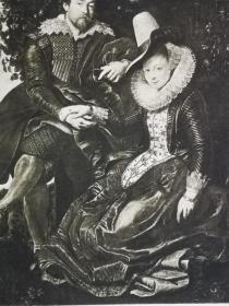 1903年照相凹版版画《鲁本斯作品-鲁本斯与妻子伊莎贝拉·布兰特自画像rubens en lsabella brant》尺寸32*24.2厘米，较深压痕--伊莎贝拉·布兰特是名媛玛丽·德·莫伊的侄女,鲁本斯对这位18岁的少女一见钟情,迅速喜结连理，出自佛兰德斯画家彼得·保罗·鲁本斯（Peter Paul Rubens1577-1640）油画作品，藏于德国慕尼黑老绘画陈列馆,荷兰出版