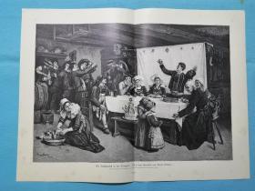 1895年大幅木刻版画《法国.布列塔尼岛上的婚礼庆典ein hochzeitsfest in der bretagne》尺寸41.3*55厘米，出自19世纪著名美国画家，亨利·莫斯勒（Henry Mosler，1841–1920）作于1883年的油画作品