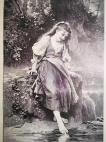 1893年大幅木刻版画,《趟溪am bache》尺寸41*27.5厘米--出自法国画家莱昂·巴齐尔·佩罗Léon Bazille Perrault , 1832–1908,油画作品
