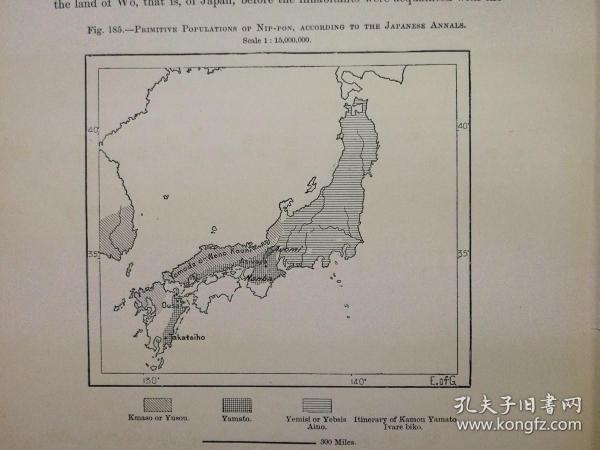 1895年地图一张《日本的原始人口PRIMITIVE POPULATIONS OF NIP - PON》纸张尺寸26.5*18厘米，背面有字