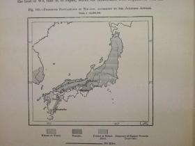 1895年地图一张《日本的原始人口PRIMITIVE POPULATIONS OF NIP - PON》纸张尺寸26.5*18厘米，背面有字