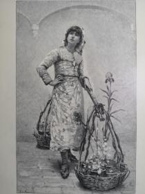 1895年大幅木刻版画《卖花女blumenmadchen》尺寸41.3*28.2厘米，出自瑞士画家和雕刻家,埃德蒙·让·德普里男爵（ Baron Edmond Jean de Pury，1845-1911）油画作品