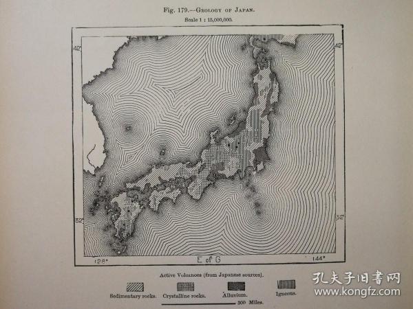 1895年地图一张《日本地质GEOLOGY OF JAPAN .》纸张尺寸26.5*18厘米，背面有字