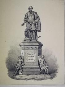 1841年石版画《画家彼得保罗鲁本斯雕像petro,paulo,rubens cives mdcccxl》尺寸34* 25.8厘米，彼得保罗鲁本斯1577-1640爵士是来自荷兰南部（今比利时）布拉班特公国的佛兰德艺术家、画家和外交官，此雕像坐落于比利时安特卫普，Groenplaats 广场，荷兰出版