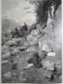 1895年大幅木刻版画《神的庇护die boten rosl》尺寸41.3*28.2厘米， 出自奥地利画家，马蒂亚斯·施密德（Mathias Schmid，1835-1923）的绘画作品