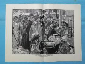 1895年大幅木刻版画《柏林动物园的猴子凯西vor dem affenkasig im zoologischen garten zu berlin》尺寸41.3*55厘米，出自德国画家，沃纳·泽梅Werner Zehme（1859-1924）的原创作品