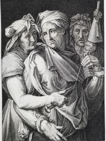 米开朗基罗名画，1814年铜版画《米开朗基罗作品--命运三女神les trois parques》尺寸17.3*27厘米，在罗马宗教或罗马神话中，是人类命运的主神，从出生到死亡。他们通常被描绘成测量人们生活和切割命运的纺纱机，出自意大利文艺复兴时期画家米开朗基罗Michel ange，1475-1564油画作品，藏于巴黎卢浮宫博物馆，选自《法国博物馆藏画集》
