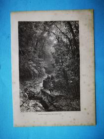 【台湾内容】1875年木版画《台湾.山上的峡谷与土著猎人gorge dans la montagne》纸张尺寸30* 21.5厘米 --依据苏格兰摄影家，约翰·汤姆森（John Thomson，1837-1921）拍摄照片，