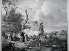 1846年石版画《牧歌een landschap met vee》尺寸34*25.5厘米，出自荷兰画家，德克·范·奥斯特豪特Dirck van Oosterhout,1756-1830油画作品，雕刻师j.c.d'arnaud，荷兰出版，稀少
