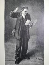 1895年大幅木刻版画《演讲der schauspieler》尺寸41.3*28.2厘米，出自德国画家，弗里茨·冯·乌德Fritz von Uhde,1848-1911,的油画作品