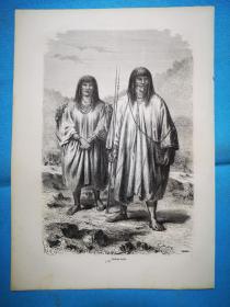 1864年木版画《玻利维亚东部的安蒂斯印第安人indiens antis》整版画页，反面有字，尺寸29.5*21.2厘米，