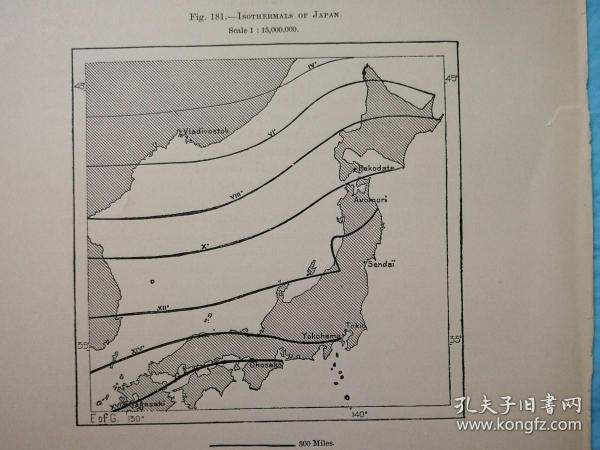 1895年地图一张《日本的等温线ISOTHERMALS OF JAPAN.》纸张尺寸26.5*18厘米，背面有字