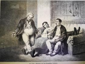1881年大幅木刻版画《乌克兰单身汉的快乐生活drei selige,Genrescene aus dem kleinrussischen Volksleben》尺寸41*28厘米，背面空白，画作描绘小俄罗斯（即乌克兰）人的民间生活场景，出自艺术家k.a.thrutowsky绘画作品