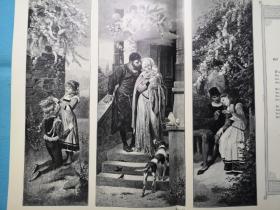 1895年大幅木刻版画《甜蜜的生活die lieb' ist leben》尺寸41.3*55厘米，背面空白，出自19世纪德国画家，欧根·克里姆施Eugen Klimsch,1839-1896的油画作品，并配诗