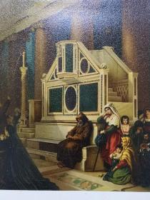 1871年石版画《罗马圣洛伦佐教堂的青铜复活讲坛kanzel in st lorenzo in rom》尺寸26.8*21厘米--教堂建于15世纪的圣洛伦索圣殿，讲坛制作极为考究，将透视法在浮雕界发挥到了极致，出自德国风俗画家，雨果·欧米钦（Hugo Oehmichen，1843–1932）的油画作品