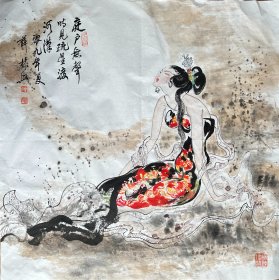 薛林兴 人物斗方（秋月佳人）  手绘国画
