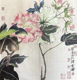 吴冠南  双勾设色之一《花卉》 花鸟斗方手绘国画