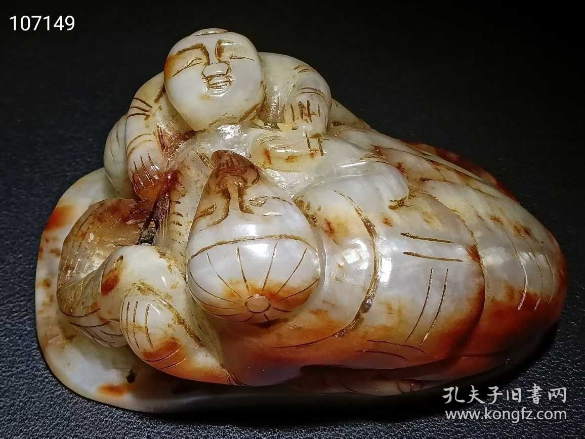 249_明代和田玉【老少同乐】摆件 玉质油润细腻，雕刻精美，沁色自然完美。