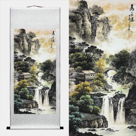 艺术微喷-装裱卷轴山水画【高山飞瀑】，尺寸：133x55cm，