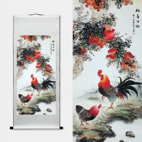 艺术微喷-装裱卷轴山水画【榴华吐焰】，尺寸：133x55cm，