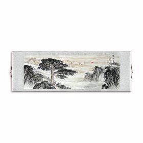 艺术微喷-装裱卷轴山水画《海纳百川迎八方》，尺寸：230x73cm，