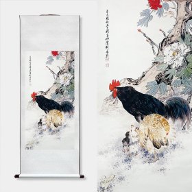 艺术微喷-装裱卷轴山水画【刘奎龄-富贵鸡鸣】，尺寸：165x60cm，