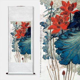 艺术微喷-装裱卷轴山水画【张大千-金线荷花】，尺寸：165x60cm，