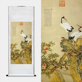 艺术微喷-装裱卷轴山水画【邹一桂-蟠桃仙鹤】，尺寸：165x60cm，