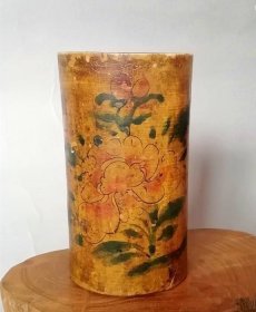 收藏品清末木髹漆手绘牡丹图笔筒ZYTA1569