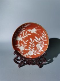 同治官窑内造矾红留白花鸟盘