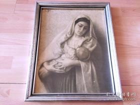 老的高仿复制油画《慈爱的玛利亚》（Madonna）-- 原装画框出版，原木老画框52*42厘米