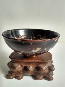 吉州窑黑釉彩绘双龙戏珠纹碗