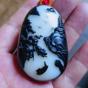 和田黑皮仔料羊脂白玉雕山水花鸟人物行舟图挂件手把件。