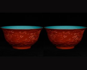 清乾隆红釉雕刻龙凤纹碗
高7.5cm                直径15.5cm