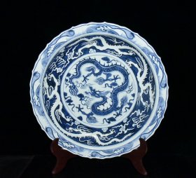 元代青花雕刻龙纹盘【7x45.6cm】