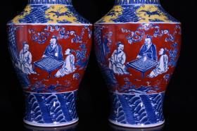 明成化红黄釉青花人物故事纹盖罐，高37×18厘米