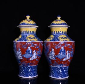 明成化红黄釉青花人物故事纹盖罐，高37×18厘米