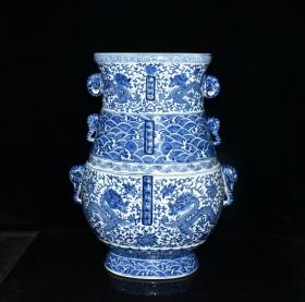 清代乾隆青花海水龙纹象耳扁尊【 42.5x33cm 】