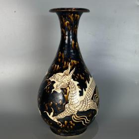 宋吉州窑玳瑁釉雕刻龙纹玉壶春瓶  17x31.5厘米