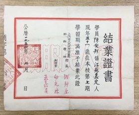 1954年 上海市 商业局干部学校 结业证书