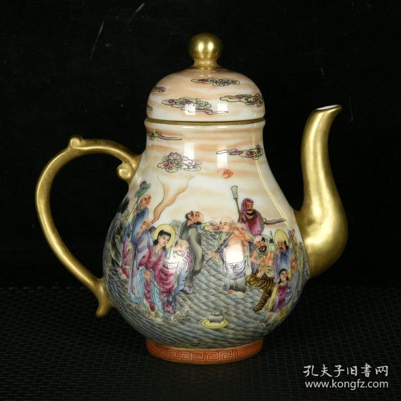 清乾隆珐琅彩描金十八罗汉纹壶子 高17厘米X16厘米X11厘米 价4000