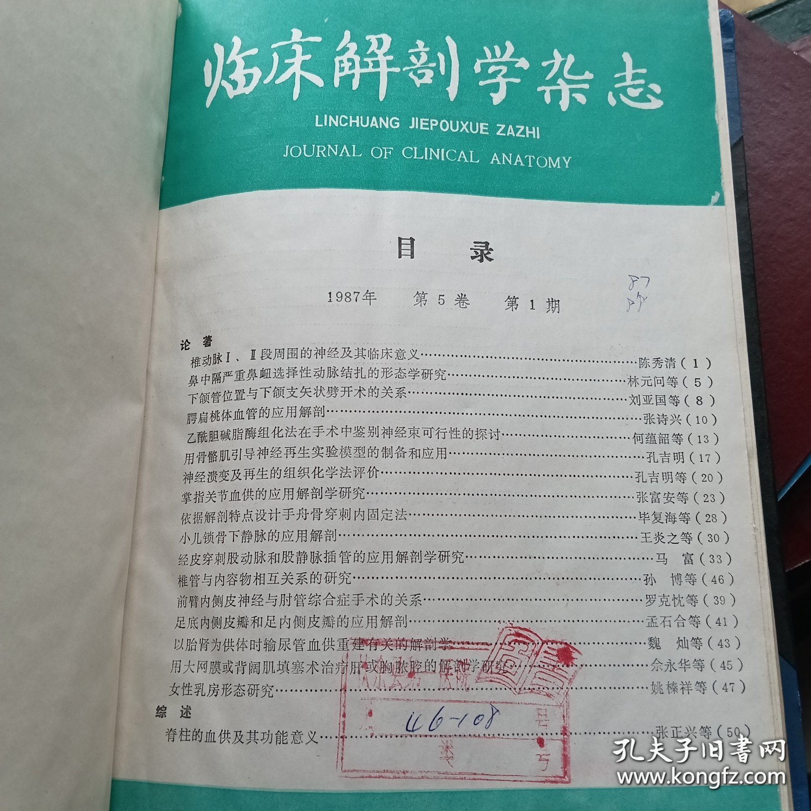 临床解剖学杂志。第五卷1987年1至4