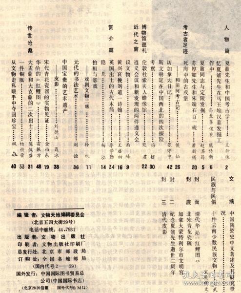 文物天地＿夏鼐先生和中国考古学；夏鼐同志与定陵发掘；忆夏鼐先生在马王堆汉墓发掘工作中；遵义会议和新发现的两件遵义会议文物；拍袒与影戏＿戏剧文物二题；诗联与文物＿隐几；黄兴哀挽刘道一诗翰；十件云南少数民族文物；宋代青花瓷器的实物见证；苏厚如先生和宋端石百一砚；伦敦杜索夫人蜡像馆；死海中的古戍堡＿和田河考古记；斯文赫定在中国西北的四次探险考察；大孟鼎和大克鼎的第二次出土；一件铜匜；