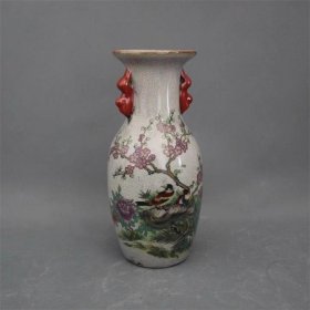 陶瓷乾隆粉彩花鸟双耳花瓶瓷器