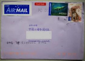 澳大利亚至上海航空实寄封（贴2枚动物邮票：鸭嘴兽、澳洲野狗）