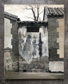 【鲍振】1990年布面油画《旧屋》，写实风景，墙，巷，带内框，尺寸：80x65cm