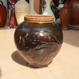 酱釉瑞鹿纹罐 老窑瓷器陶瓷 古董文玩