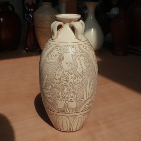 磁州窑 白釉刻划童子纹四系瓶 老窑瓷器陶瓷 古董文玩